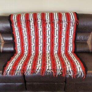 Handwoven Red Gray Black White Geometric Pattern Throw Blanket Fringe 42" x 80: